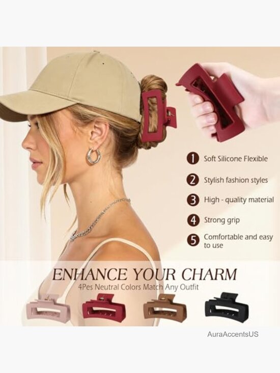 4 PCS Silicone Flexible Hair Claw Clips for Thick Hair, Jumbo Rectangle Clips, main image 4